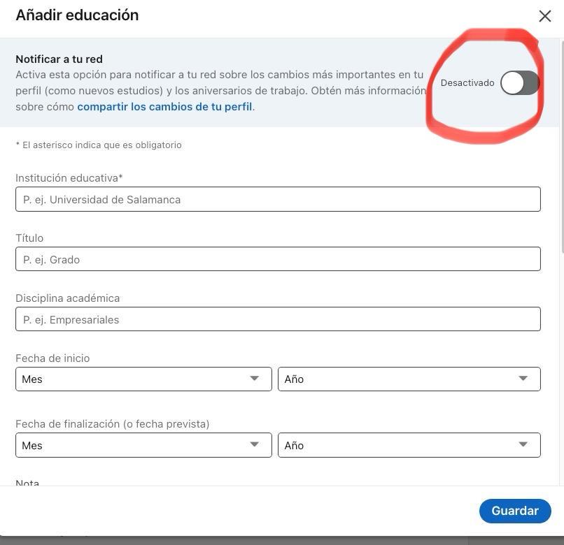 Añadir educación Linkedin