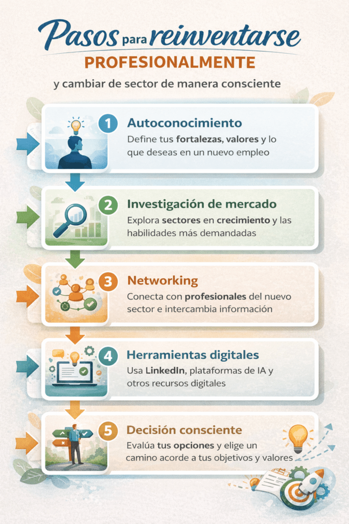 Pasos clave para reinventarse profesionalmente y cambiar de sector en 2026: autoconocimiento, investigación de mercado, networking, herramientas digitales y decisión consciente.
