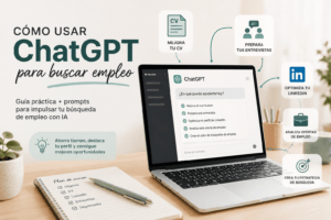 Persona utilizando ChatGPT en un portátil para buscar empleo y mejorar su currículum