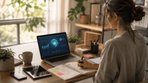 Mercado laboral 2026 con inteligencia artificial y tendencias del mercado laboral 2026 analizadas en un entorno digital de trabajo con gráficos, planificación profesional y tecnología.