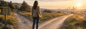 Mujer ante dos caminos que simbolizan la experiencia, las habilidades y una nueva etapa profesional.